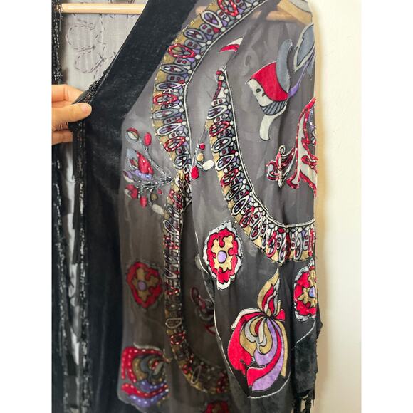 Vintage JBS Women's Sheer Fringe Kimono Shirt Black Beaded Artsy Boho Rocker - Picture 5 of 7
